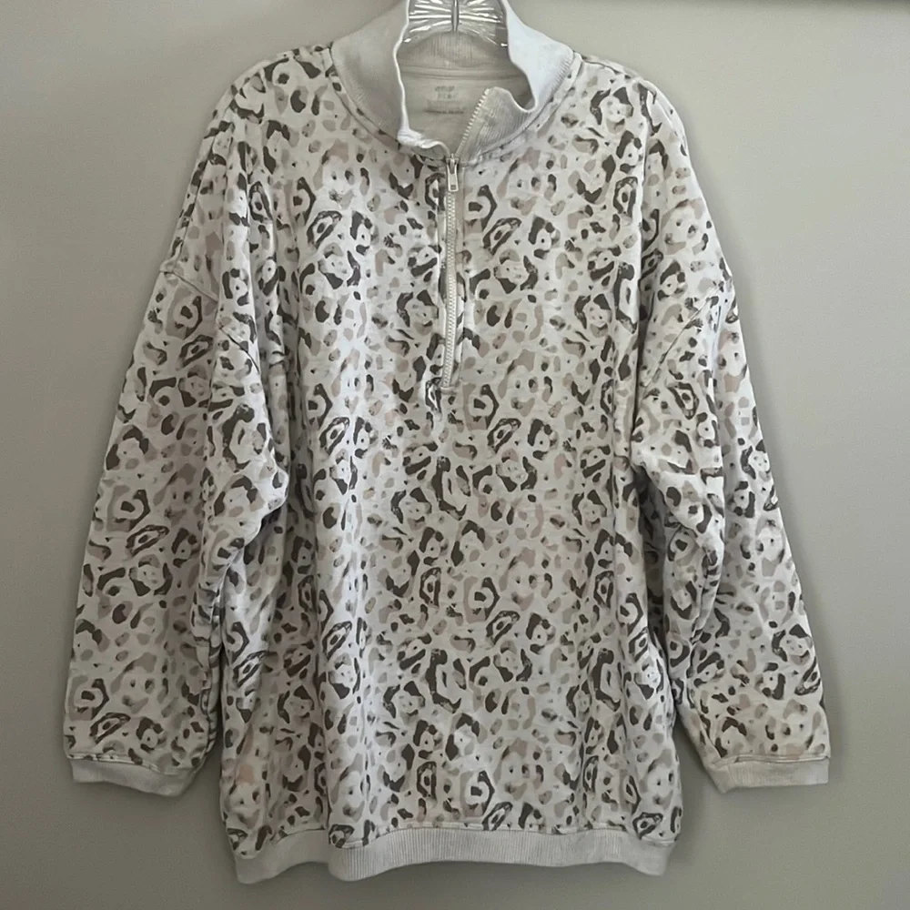 Aerie Oversized Good Vibes Animal Print Quarter Zip Sweatshirt | M